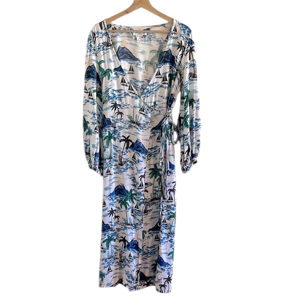 Emerson Fry India Collection Wrap Dress Women’s Size Small Tropical‎ Midi Blue